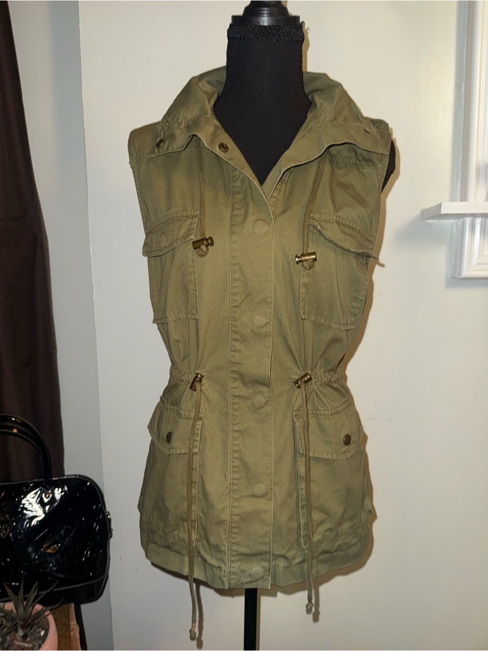Love Tree Olive Utility Drawstring Cotton Y2K Hooded Vest -